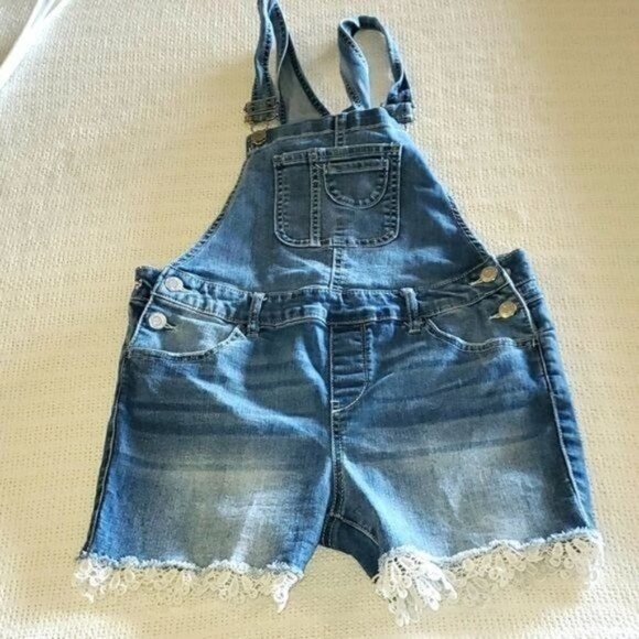 LAST CHANCE Imperial Star 1" Laced Hem Sz. 14 Bib Blue Jean Overalls Shorts - Picture 1 of 4